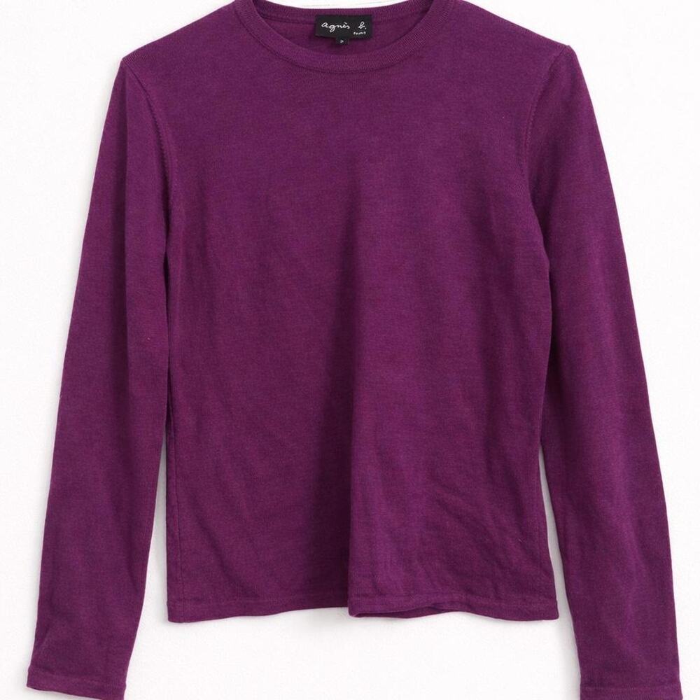 Agnès b. Aubergine Burgundy Long-Sleeve knit Top 100% wool Elevated Basic Luxury